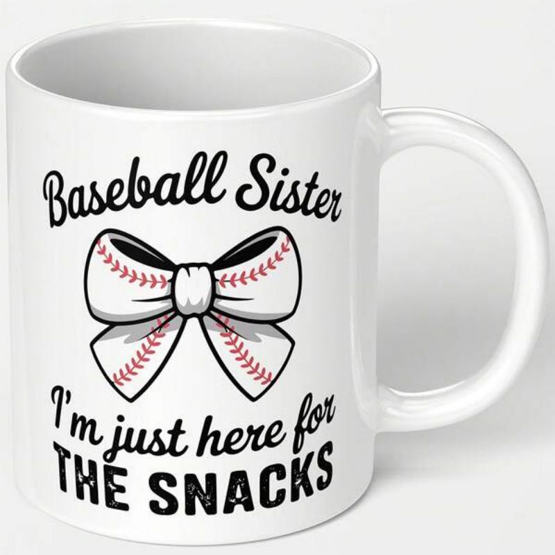 Tailorly White Ceramic 11 oz Mug - Baseball Sister Im Just Here For The Snacks Decorative Hair Bow Featuring Classic Red Baseball Stitching Pattern Stylized Design