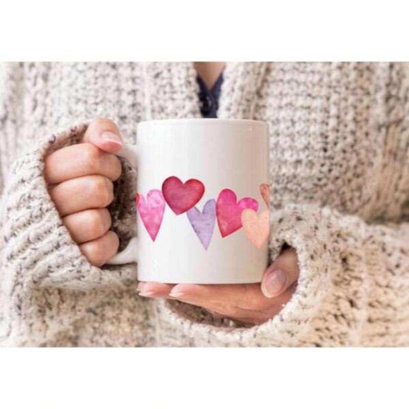 Tailorly White Ceramic 11 oz Mug - Colorful Artistic Watercolor Painted Hearts Arranged In A Row Heart