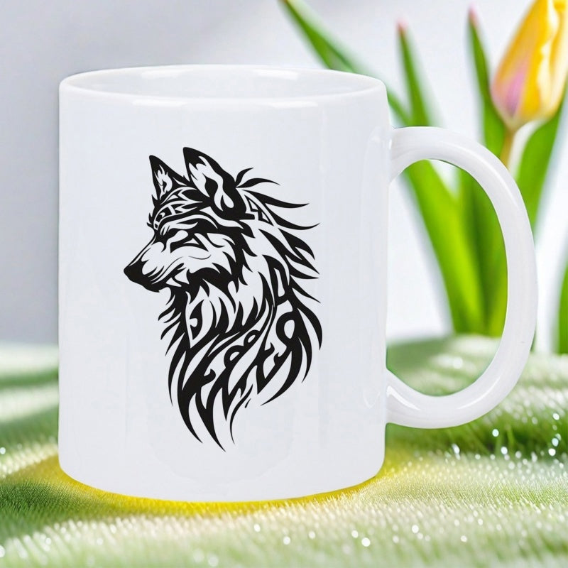 Tailorly White Ceramic 11 oz Mug - Intricate Tribal Pattern Silhouette Featuring Majestic Wild Forest Predator Head Wolf