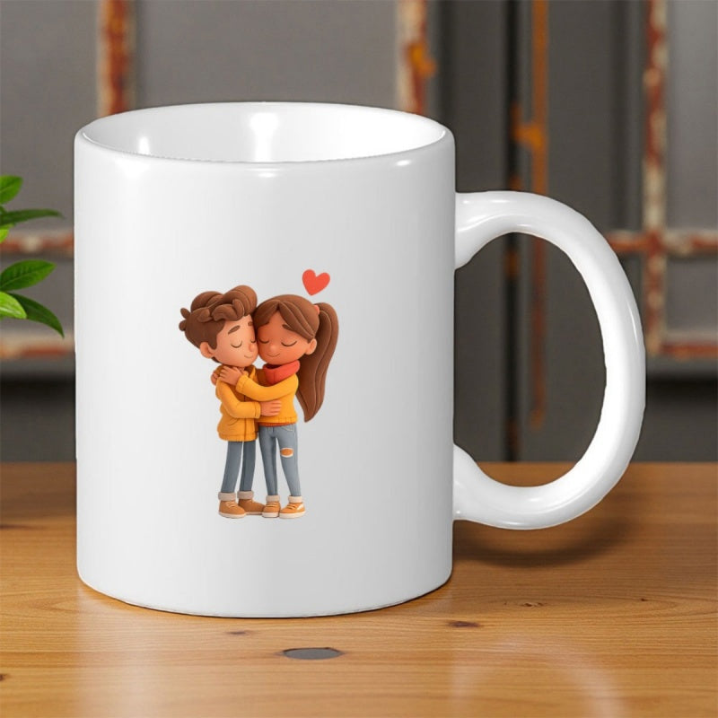 Tailorly White Ceramic 11 oz Mug - Sweet Three Dimensional Animated Characters Embracing Under A Tiny Red Heart Couple