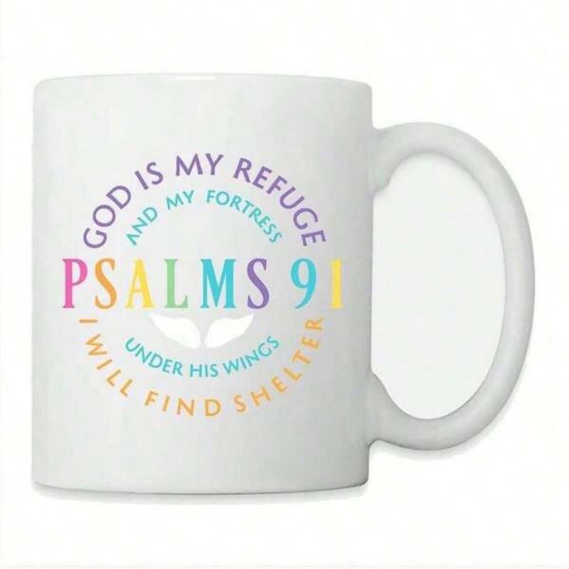 Tailorly White Ceramic 11 oz Mug - God Is My Refuge And My Fortress Psalms 91 Under His Wings I Will Find Shelter Colorful Typography Featuring Delicate White