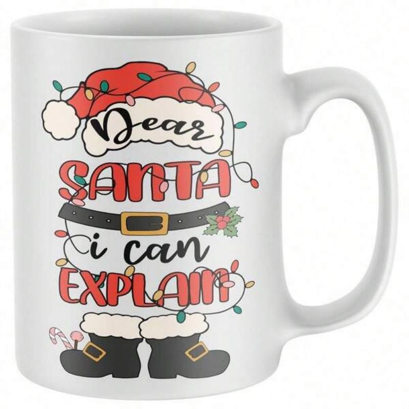 Tailorly White Ceramic 11 oz Mug - Dear Santa I Can Explain Festive Holiday Costume With String Lights And Buckled Boots Santa