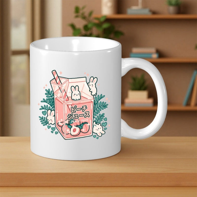 Tailorly White Ceramic 11 oz Mug - Charming Pink Peach Juice Carton Surrounded By Small White Rabbits Juice Box