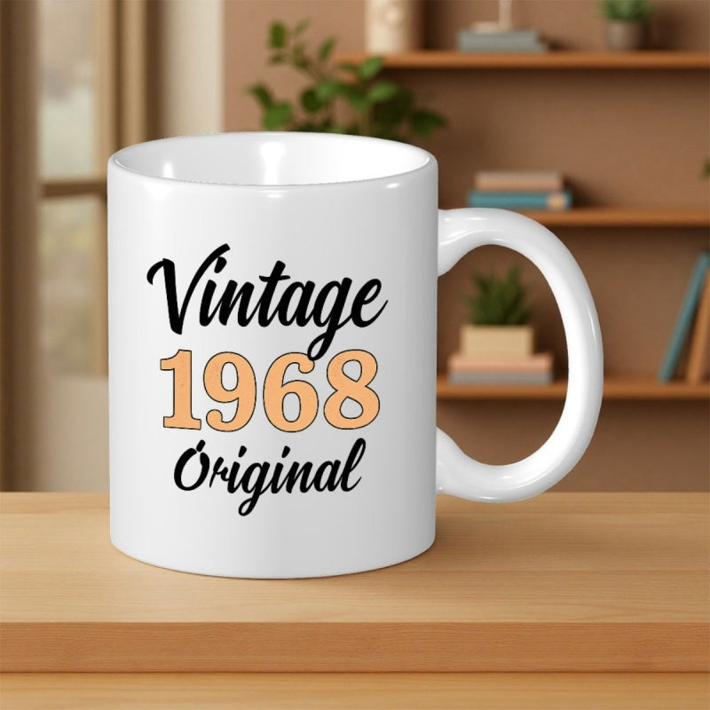 Tailorly White Ceramic 11 oz Mug - Vintage 1968 Original Classic Script Lettering With Bold Retro Outlined Numbers Typography Mug