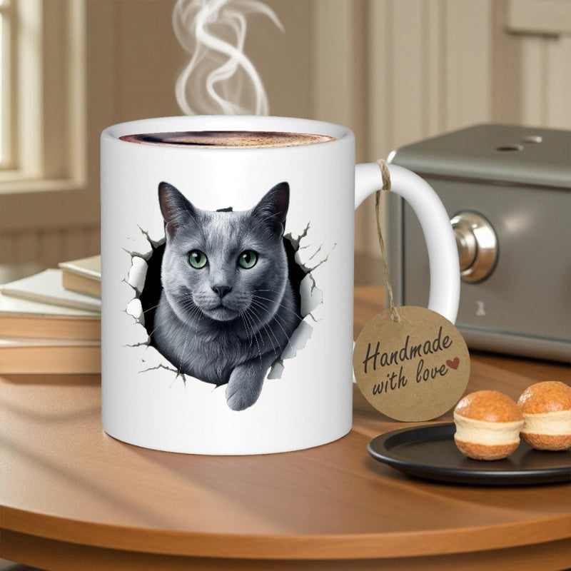 Tailorly White Ceramic 11 oz Mug - Handmade With Love Realistic Grey Shorthair Cat Peeking Through Cracked White Surface Cat
