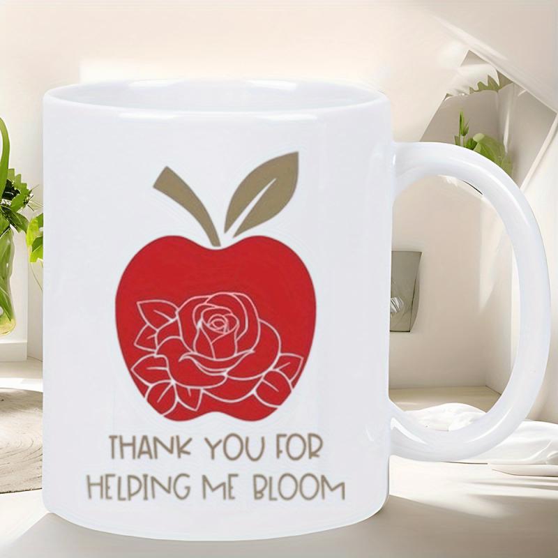 Tailorly White Ceramic 11 oz Mug - Thank You For Helping Me Bloom Radiant Red Silhouette Featuring Delicate Floral Rose Illustration Among Leaves Apple