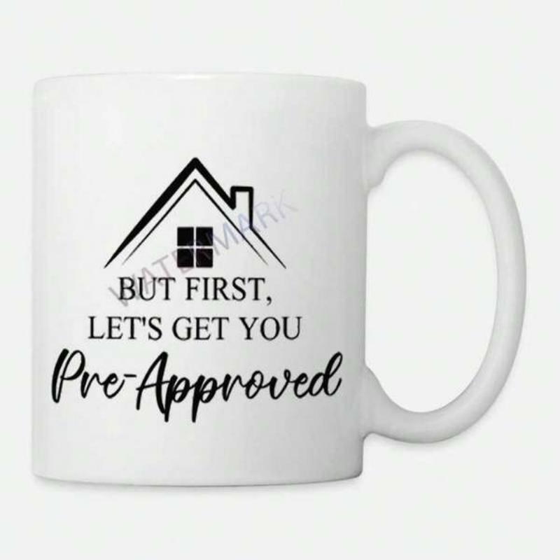 Tailorly White Ceramic 11 oz Mug - But First Let's Get You Pre-Approved Minimalist Black Linear Outline Featuring A Simple Window And Chimney House