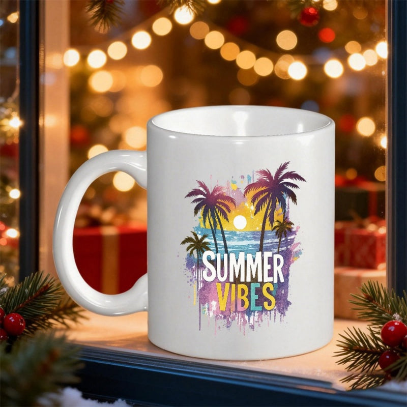 Tailorly White Ceramic 11 oz Mug - Summer Vibes Tropical Sunset With Coastal Waves And Swaying Majestic Palm Tree