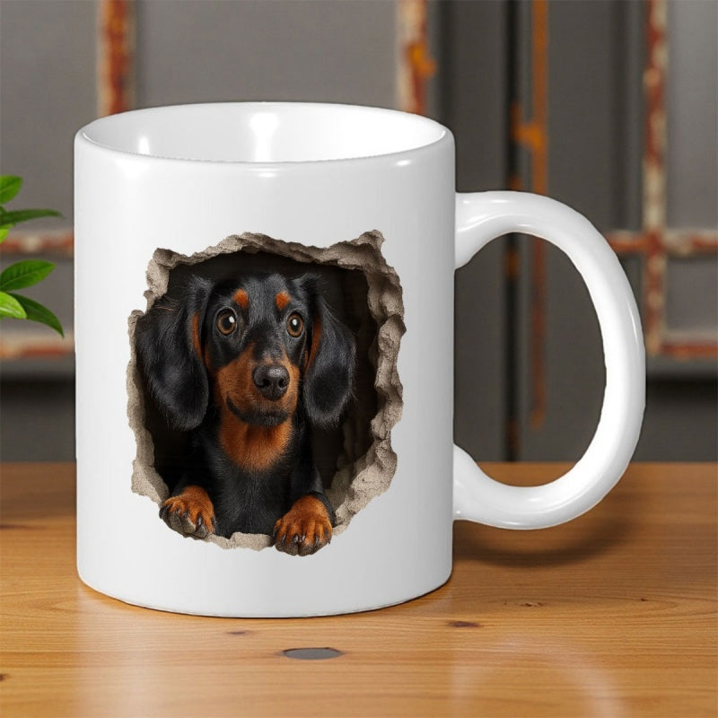 Tailorly White Ceramic 11 oz Mug - Black And Tan Realistic Dog Peering Through A Creative Torn Hole Effect Dachshund