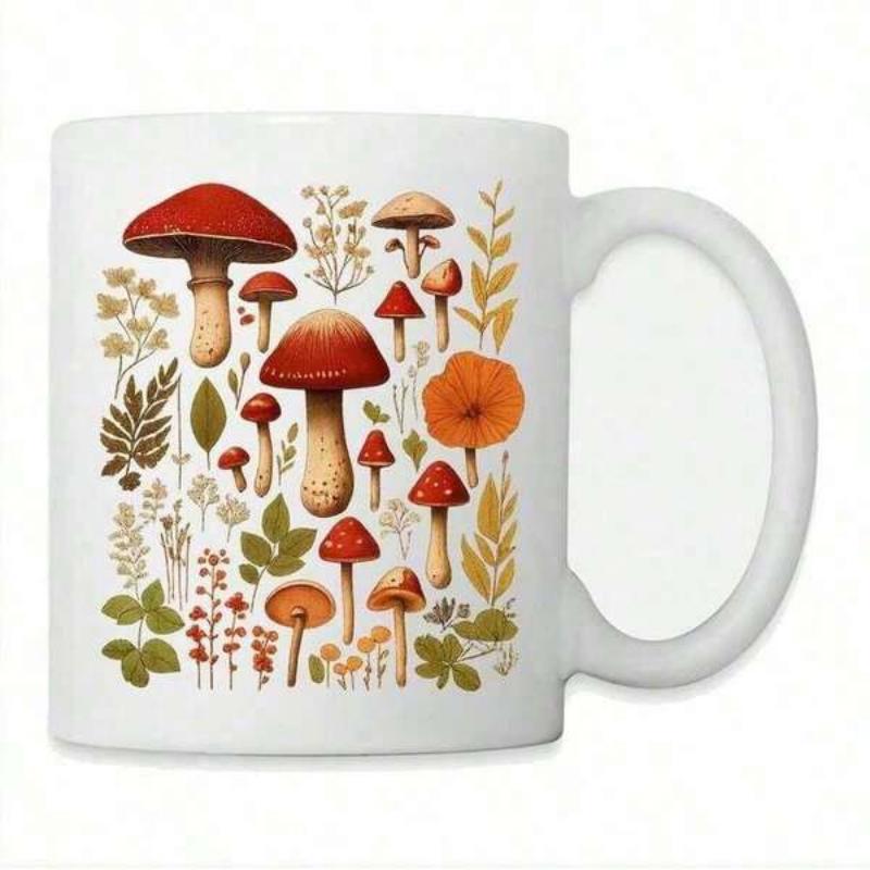 Tailorly White Ceramic 11 oz Mug - Vintage Botanical Forest Style Featuring Earthy Red And Brown Wild Mushroom