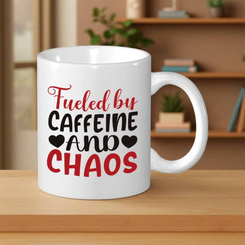 Tailorly White Ceramic 11 oz Mug - Fueled By Caffeine And Chaos Minimalist White Ceramic With Bold Typography And Elegant Tiny Black Hearts Mug