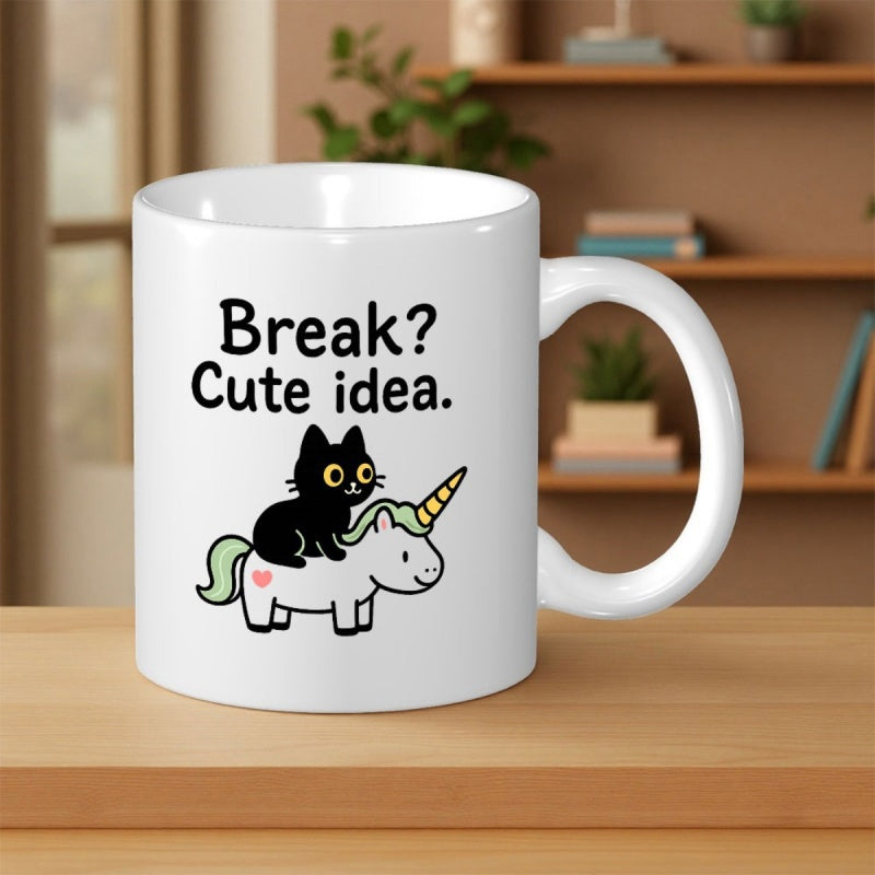 Tailorly White Ceramic 11 oz Mug - Break Cute Idea Curious Black Cat Sitting Atop A Magical Wingless Pastel Unicorn