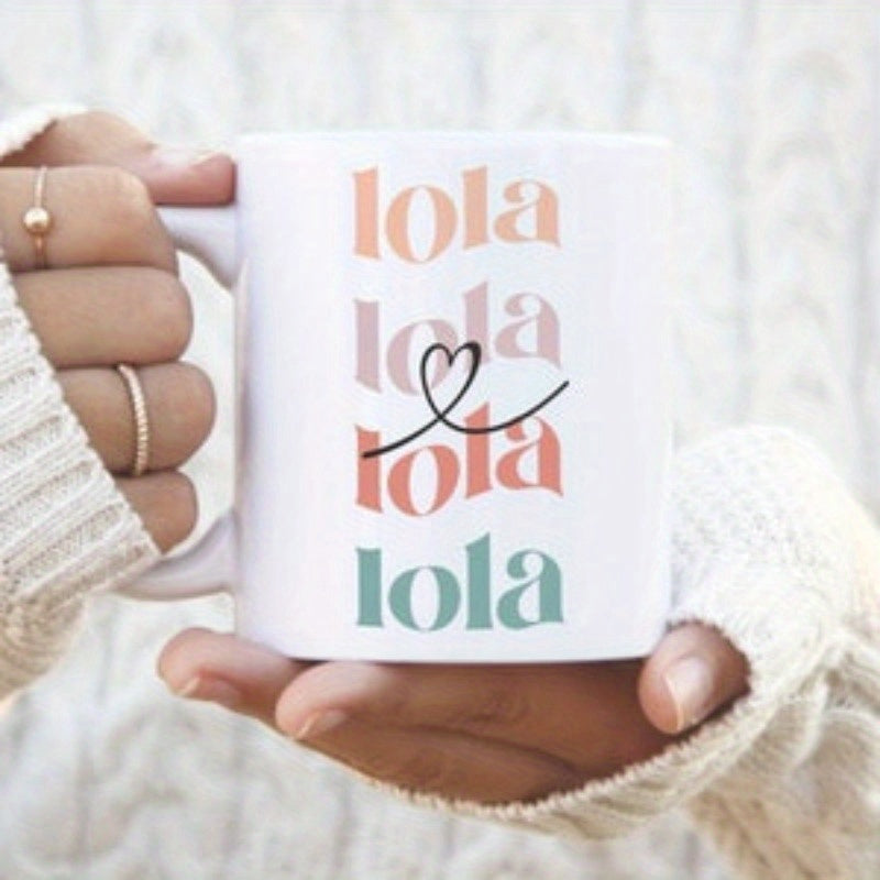 Tailorly White Ceramic 11 oz Mug - Lola Stacked Retro Style Text In Pastel Colors With Stylized Sketch Heart
