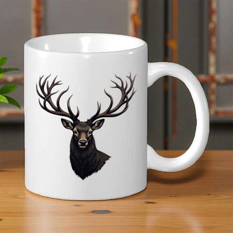 Tailorly White Ceramic 11 oz Mug - Majestic Detailed Stag With Large Intricate Antlers Representing Wild Nature Deer