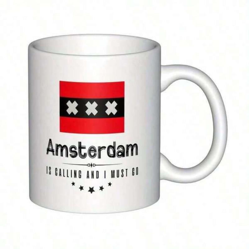 Tailorly White Ceramic 11 oz Mug - Amsterdam Is Calling And I Must Go Minimalist Displaying Vibrant City Flag And Small Stars Mug