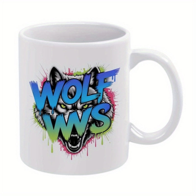Tailorly White Ceramic 11 oz Mug - Wolf WS Vibrant Street Art Style With Aggressive Splatter And Neon Paint Wolf