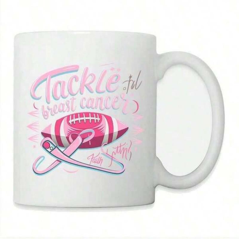 Tailorly White Ceramic 11 oz Mug - Tackle Breast Cancer Stylized Pink Athletic Football With Symbolic Awareness Ribbon Among Graceful Swirls Football