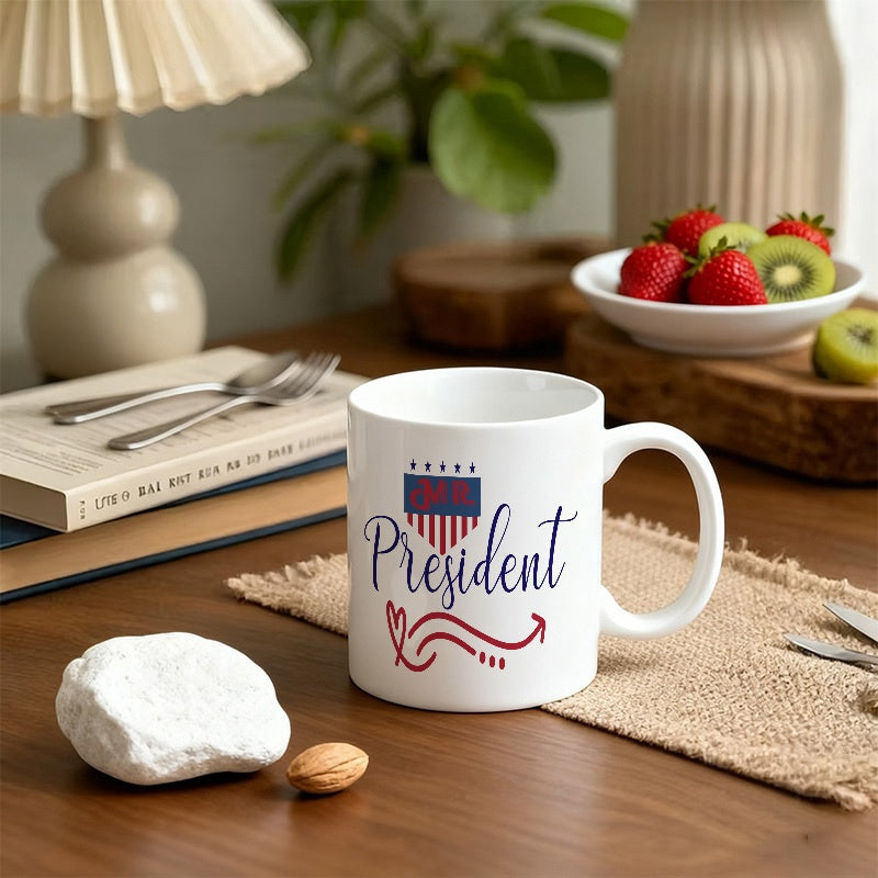 Tailorly White Ceramic 11 oz Mug - President USA Patriotic Shield With Stars And Stripes Featuring Decorative Red Swash Mug