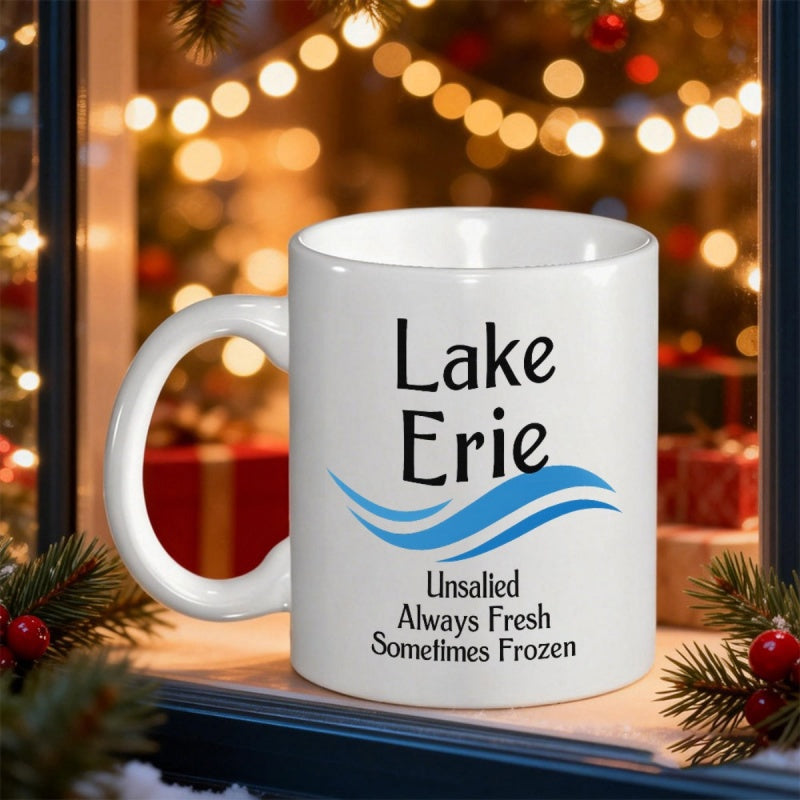 Tailorly White Ceramic 11 oz Mug - Lake Erie Unsalted Always Fresh Sometimes Frozen Minimalist Blue Waves Representing Great Lakes Water Surface Design Ceramic Mug