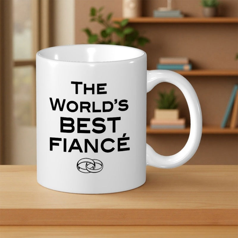 Tailorly White Ceramic 11 oz Mug - The Worlds Best Fiancé Minimalist Black Ink Interlocking Rings Below Bold Lettering Mug