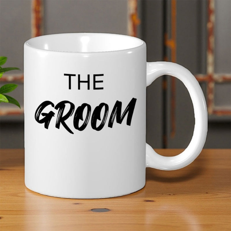 Tailorly White Ceramic 11 oz Mug - The Groom Minimalist White Ceramic Kitchenware Featuring Elegant Black Brush Lettering Mug