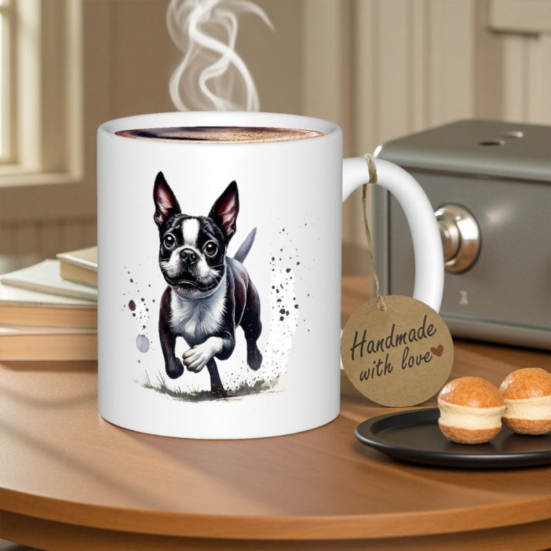 Tailorly White Ceramic 11 oz Mug - Handmade With Love Energetic Boston Terrier Running With Artistic Ink Splatter Accents Dog
