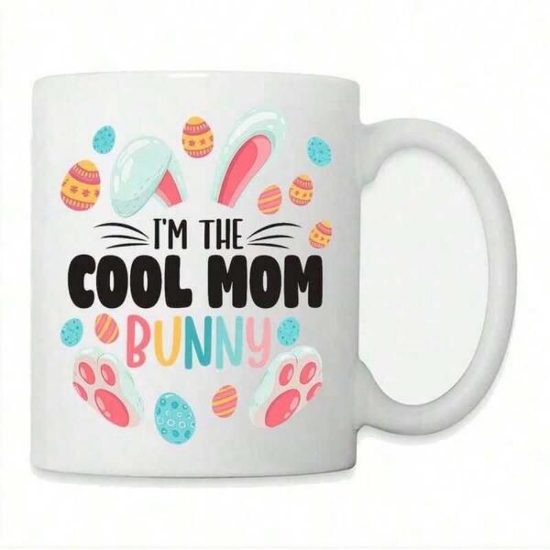 Tailorly White Ceramic 11 oz Mug - Im The Cool Mom Bunny Colorful Easter Eggs With Cute Bunny Ears And Paws Bunny