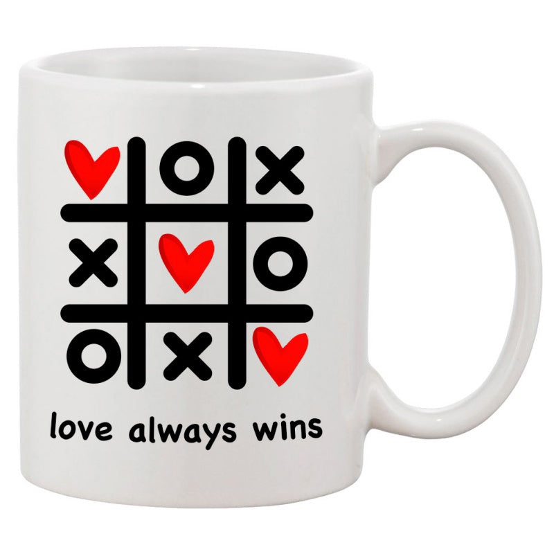 Tailorly White Ceramic 11 oz Mug - Love Always Wins Tic Tac Toe Grid With Red Hearts Winning Game Pattern Mug