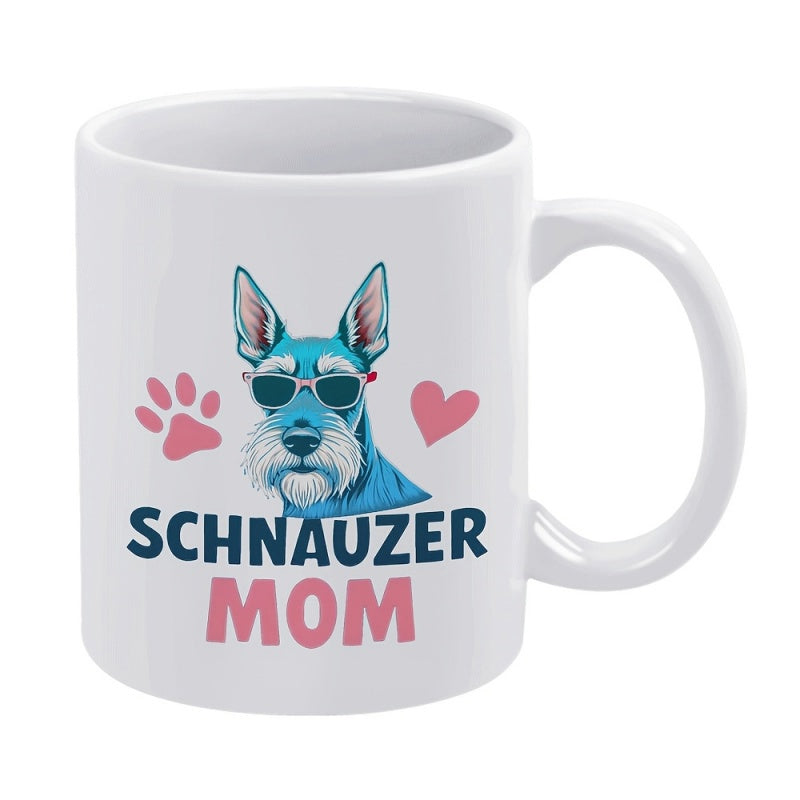 Tailorly White Ceramic 11 oz Mug - Schnauzer Mom Cool Blue Cartoon Dog Wearing Sunglasses Amid Hearts And Paws Schnauzer