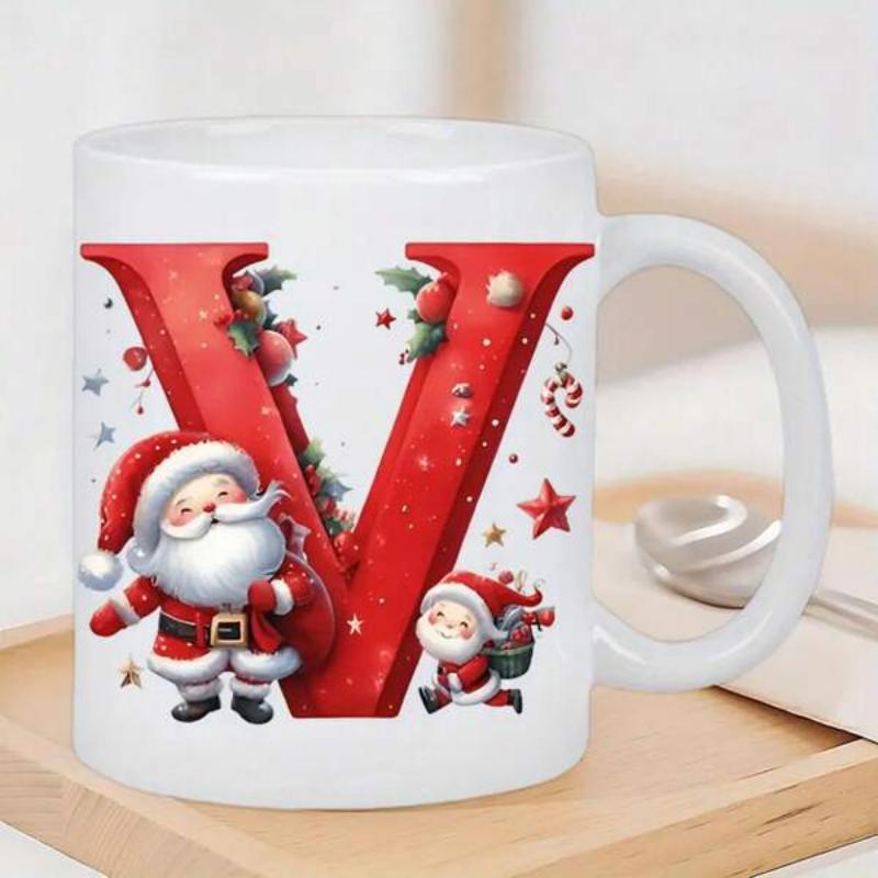 Tailorly White Ceramic 11 oz Mug - V Festive Santa Claus And Helper Standing Beside Large Decorative Red Serif Letter
