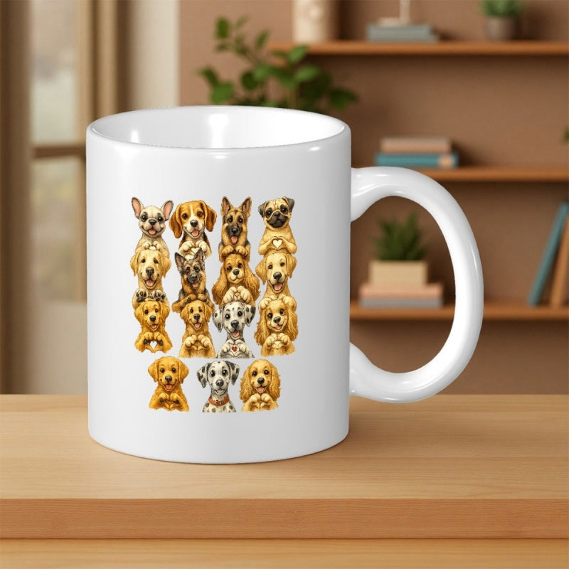 Tailorly White Ceramic 11 oz Mug - Cute Assortment Of Different Dog Breeds Arranged In A Stacked Pattern Dogs