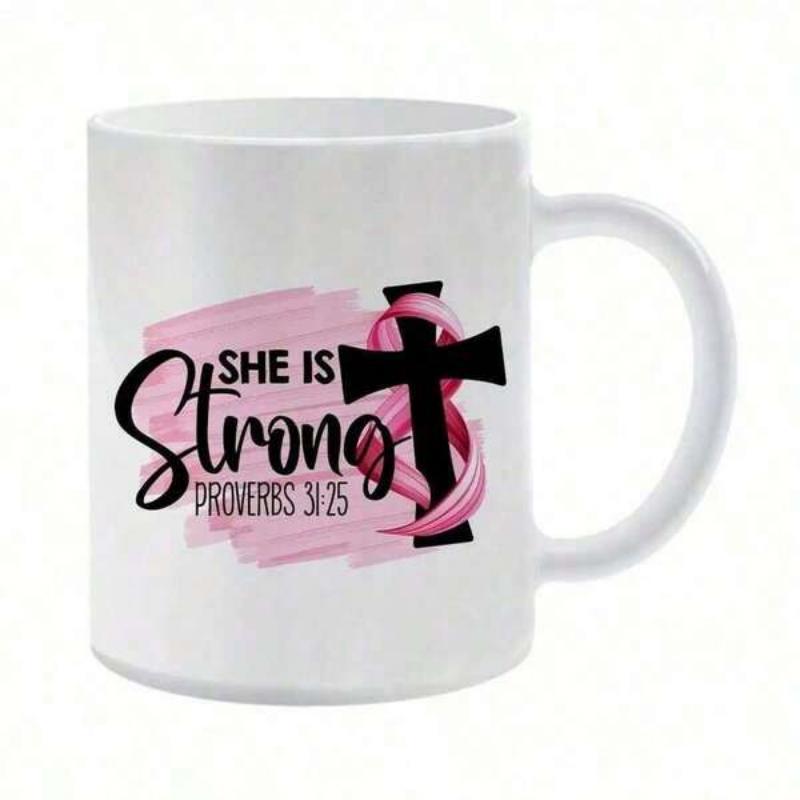 Tailorly White Ceramic 11 oz Mug - She Is Strong Proverbs 31 25 Elegant Pink Ribbon Wrapped Around A Symbolic Black Faith Design Cross