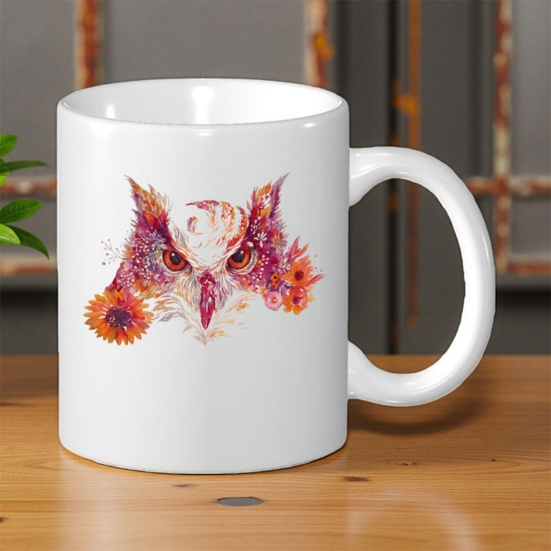 Tailorly White Ceramic 11 oz Mug - Watercolor Artistic Floral Patterns With Vibrant Orange Flowers And Intense Gaze Owl