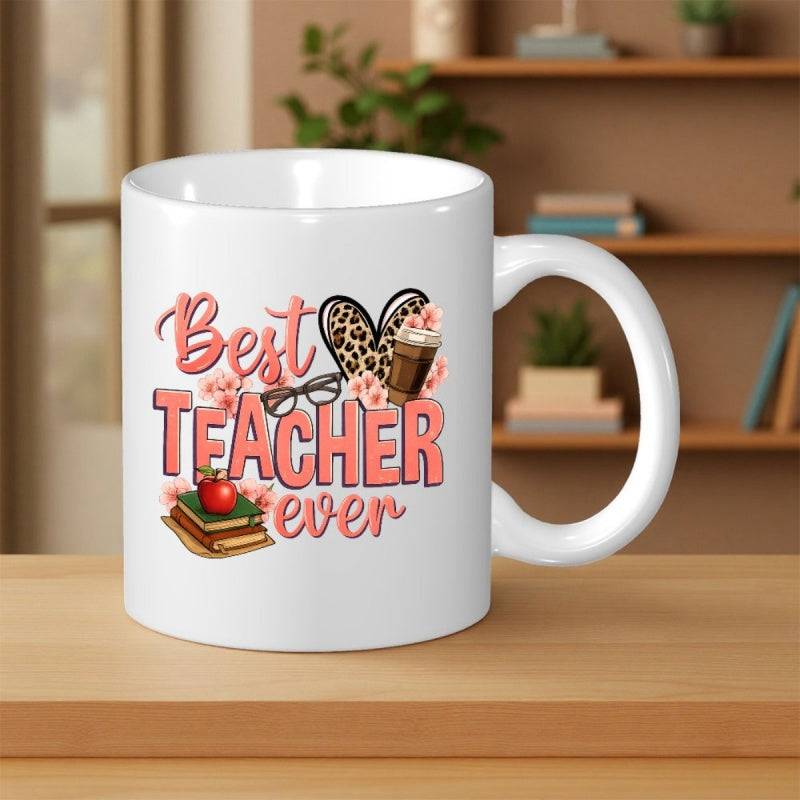 Tailorly White Ceramic 11 oz Mug - Best Teacher Ever Leopard Print Heart With Coffee Over Stacked Books Red Apple Teacher