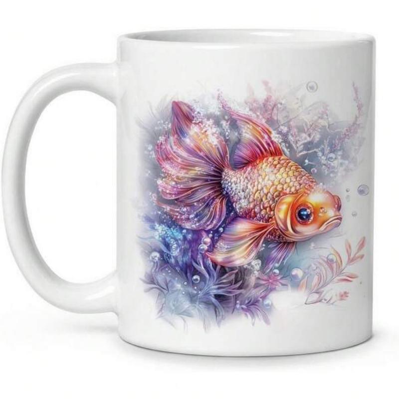 Tailorly White Ceramic 11 oz Mug - Vibrant Watercolor Scene With Ethereal Purple And Blue Aquatic Plants Goldfish