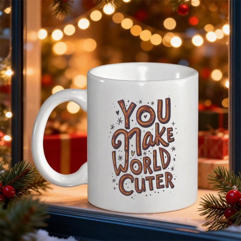 Tailorly White Ceramic 11 oz Mug - You Make World Cuter Artistic Hand Drawn Lettering With Decorative Stars And Dots Mug