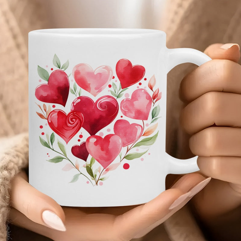 Tailorly White Ceramic 11 oz Mug - Vibrant Watercolor Red And Pink Shapes Surrounded By Elegant Green Leaves Hearts