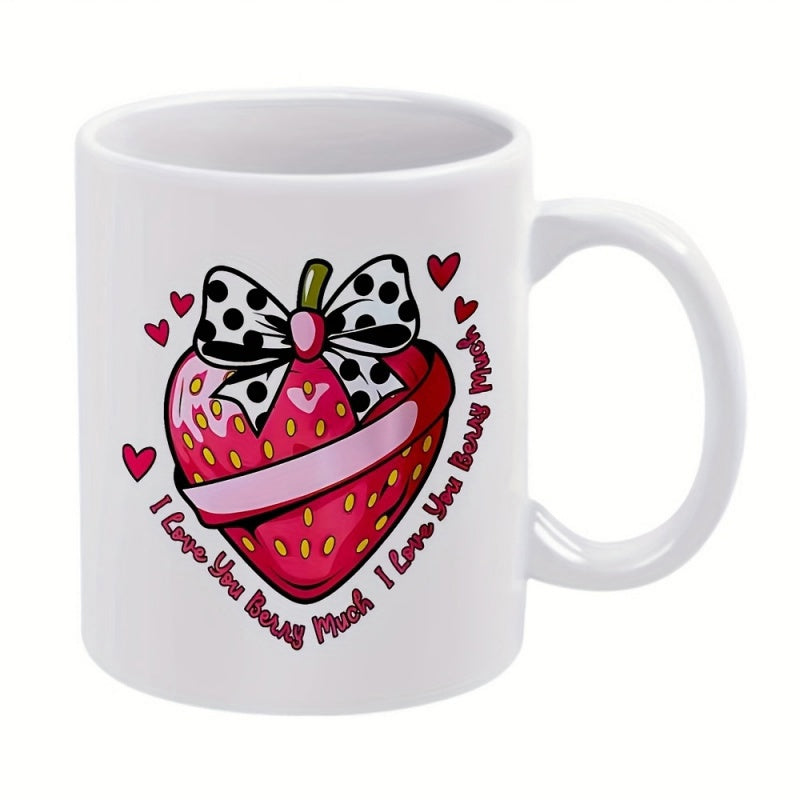 Tailorly White Ceramic 11 oz Mug - I Love You Berry Much Cute Heart Shaped Red Berry With Polka Dot Ribbon Strawberry