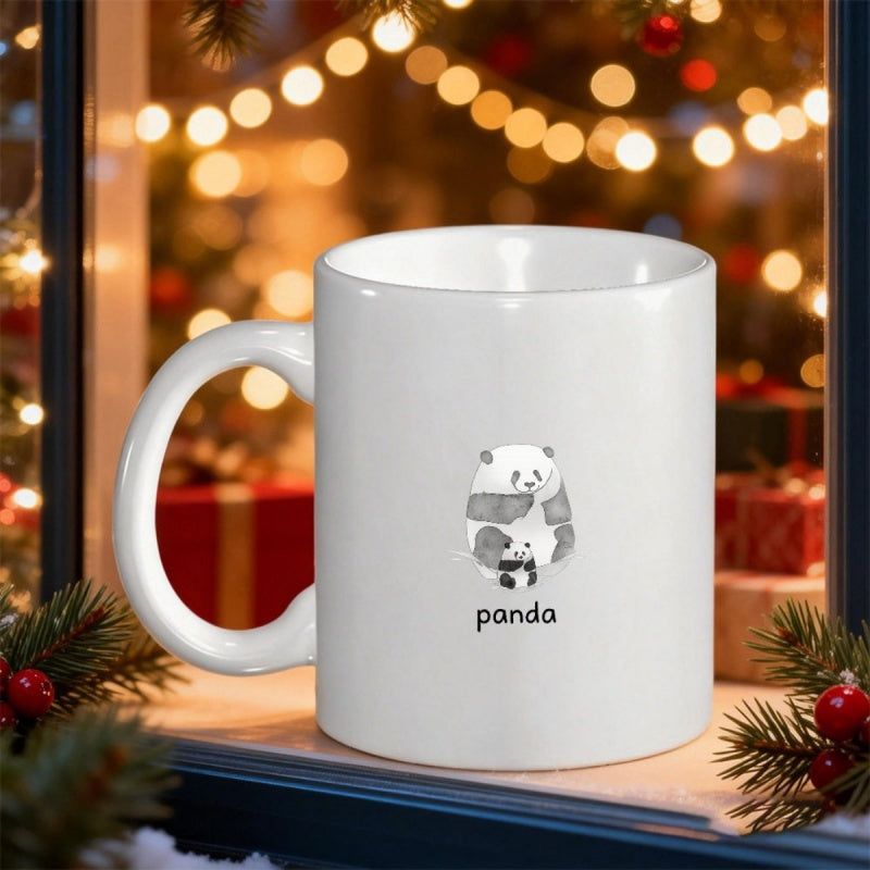 Tailorly White Ceramic 11 oz Mug - Panda Cute Hand Drawn Trio Of Playful Stacked Bears On White Background Panda