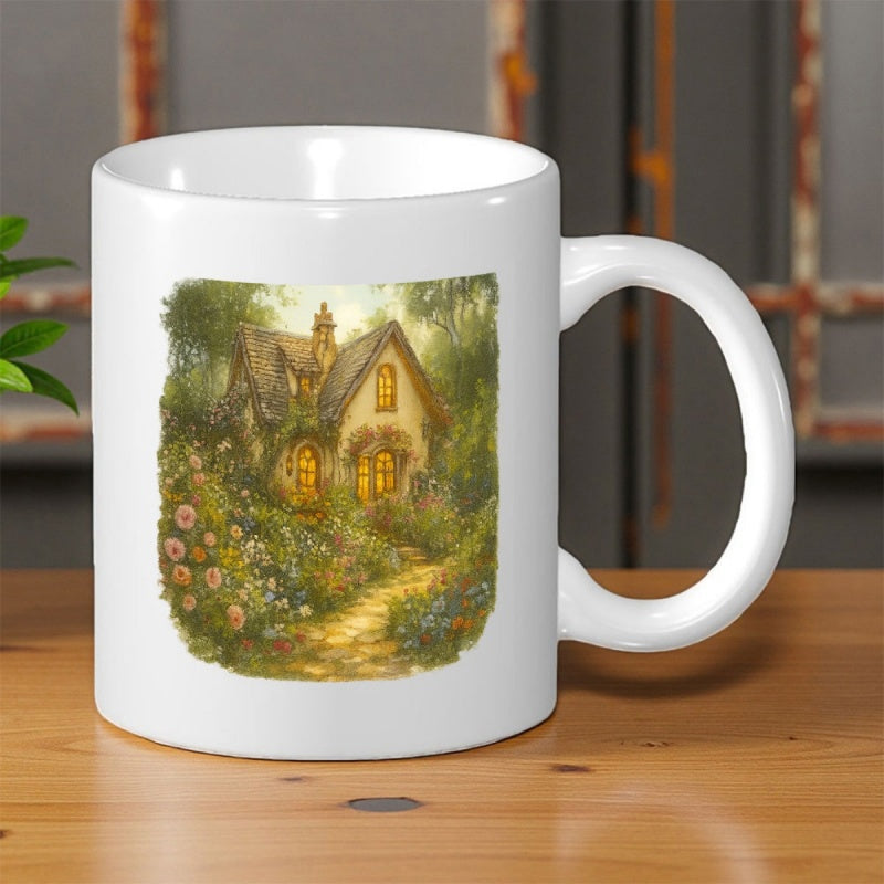 Tailorly White Ceramic 11 oz Mug - Cozy Rustic Home Hidden Among Lush Flowers And Green Forest Cottage