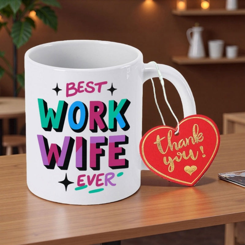 Tailorly White Ceramic 11 oz Mug - Best Work Wife Ever Thank You Stylized Colorful Block Lettering With Decorative Black Sparkles On Smooth Ceramic Mug