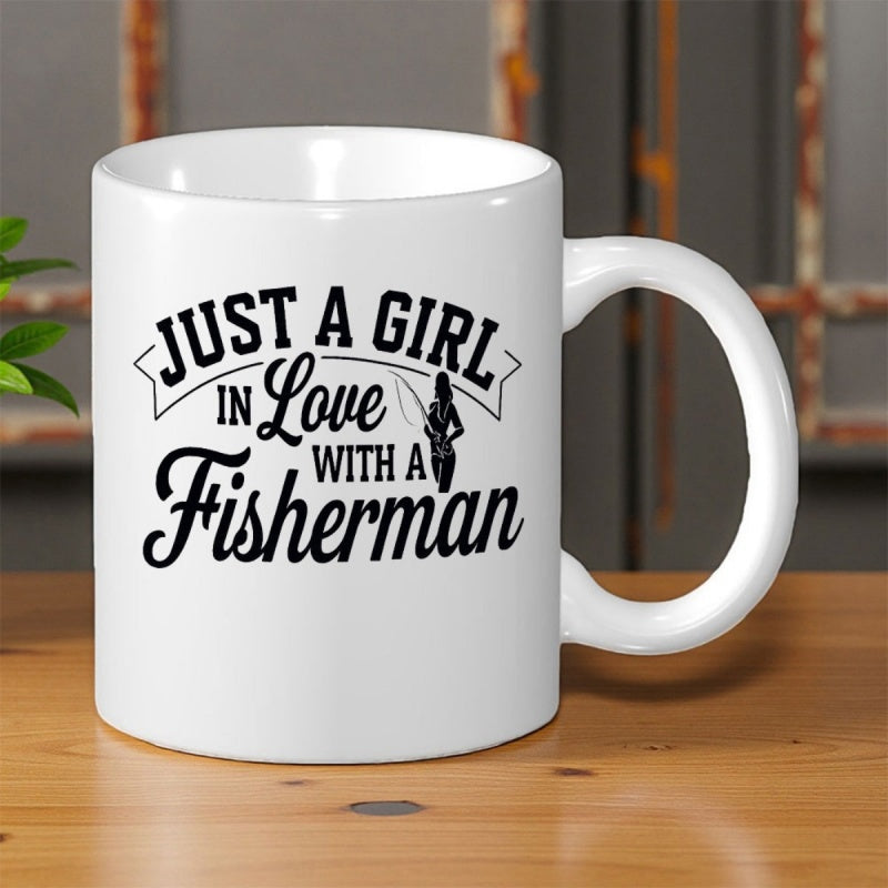 Tailorly White Ceramic 11 oz Mug - Just A Girl In Love With A Fisherman Minimalist Black Silhouette Of A Lone Angler Holding A Fishing Rod Fisherman