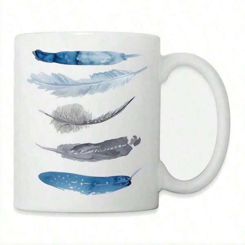 Tailorly White Ceramic 11 oz Mug - Five Ethereal Watercolor Plumes Floating Gracefully In Serene Blue Shades Feather