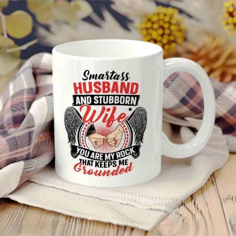 Tailorly White Ceramic 11 oz Mug - Smartass Husband And Stubborn Wife You Are My Rock That Keeps Me Grounded Intricate Angel Wings Surrounding Pinky Promise Hands