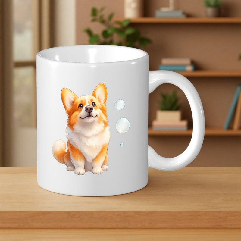 Tailorly White Ceramic 11 oz Mug - Adorable Fluffy Puppy Sitting Near Bubbles Under A Warm Glow Corgi