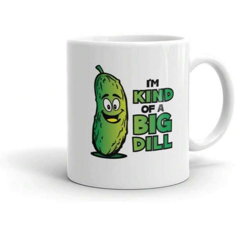 Tailorly White Ceramic 11 oz Mug - Im Kind Of A Big Dill Smiling Green Cartoon Vegetable Character With Large Expressive Eyes And Wide Grin Pickle