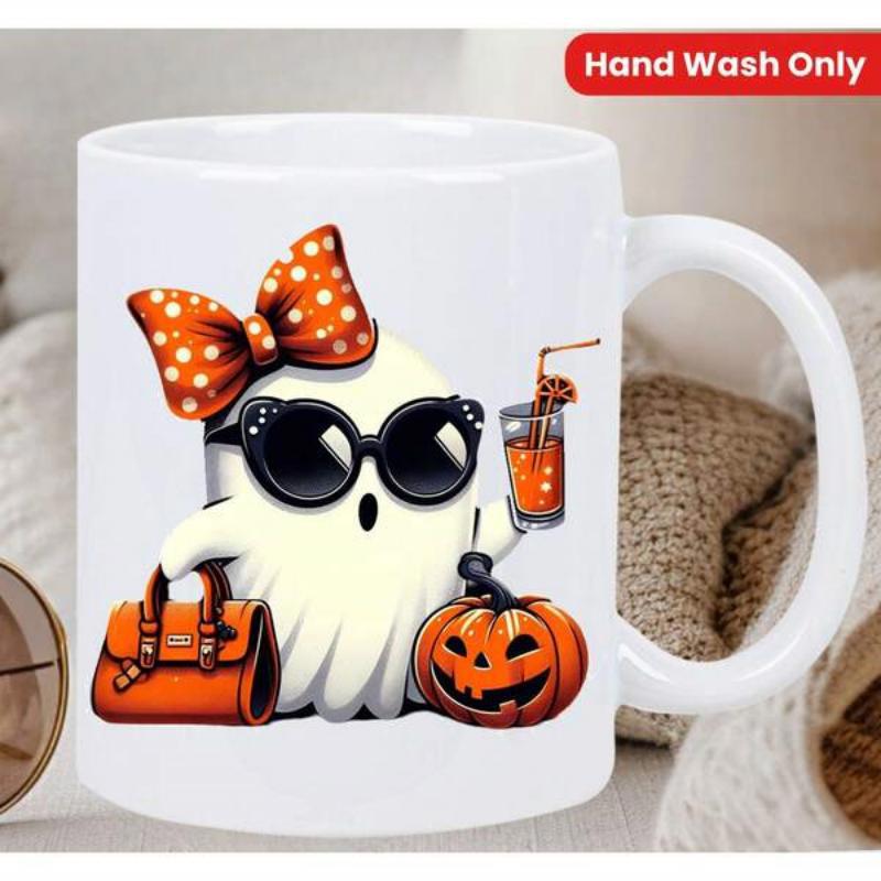 Tailorly White Ceramic 11 oz Mug - Fashionable Halloween Character Wearing Polka Dot Bow Holding Drink And Handbag Ghost