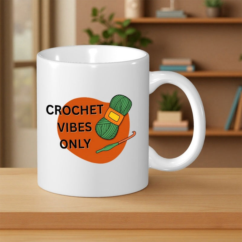 Tailorly White Ceramic 11 oz Mug - Crochet Vibes Only Green Yarn Ball With Hook Resting On Bold Orange Shape Mug