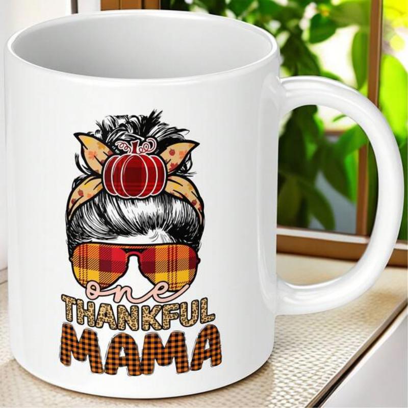 Tailorly White Ceramic 11 oz Mug - One Thankful Mama Stylish Messy Bun With Autumn Pumpkin Headband And Plaid Sunglasses Mother