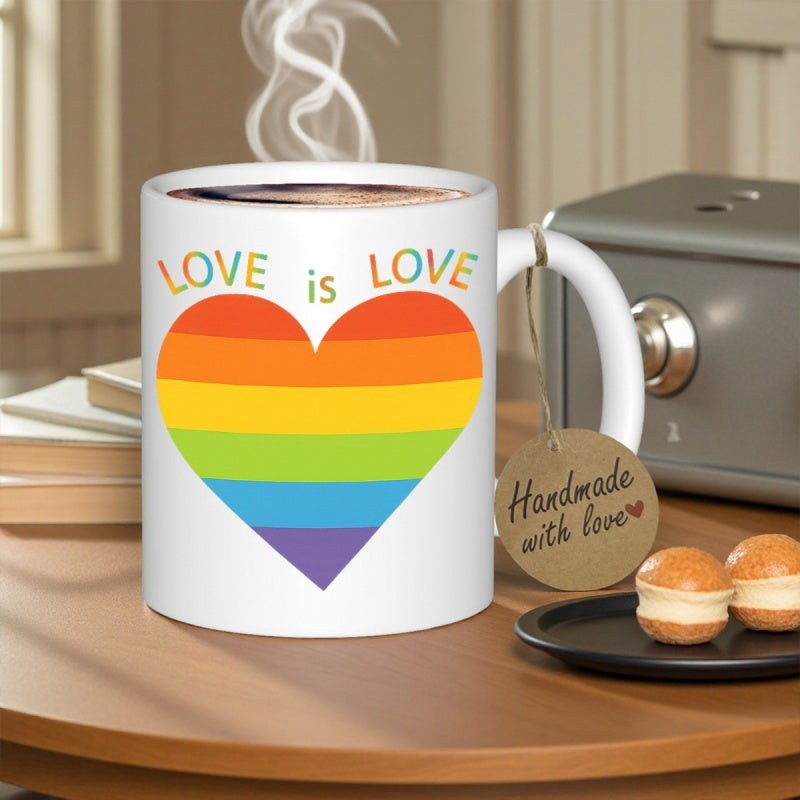 Tailorly White Ceramic 11 oz Mug - Love Is Love Vibrant Rainbow Stripes Filling A Large Symmetrical Heart